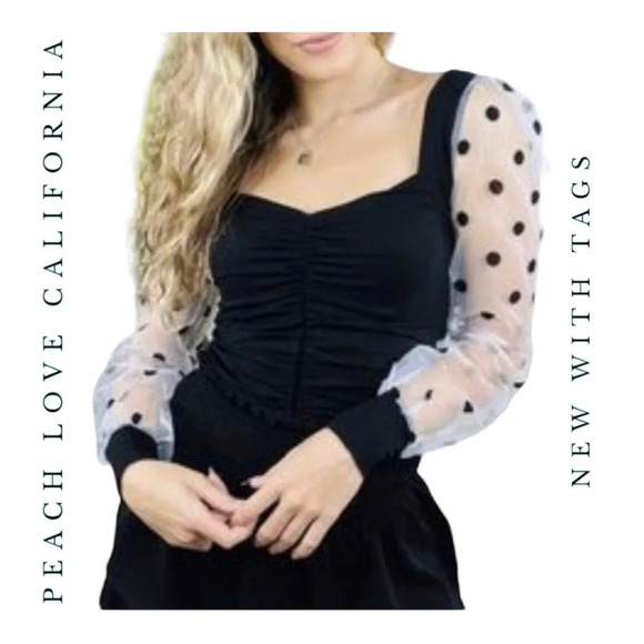 Peach LOVE CALIFORNIA BLACK BODYSUIT SHEER PLOKA DOT PUFF LONG SLEEVES SZ LARGE‎ - Picture 1 of 10